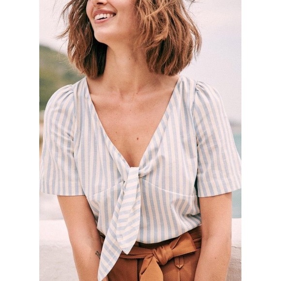 Sezane Massia Blouse Blue White Stripes Tie Front Size 36 French US 4 Nautical - Picture 2 of 16